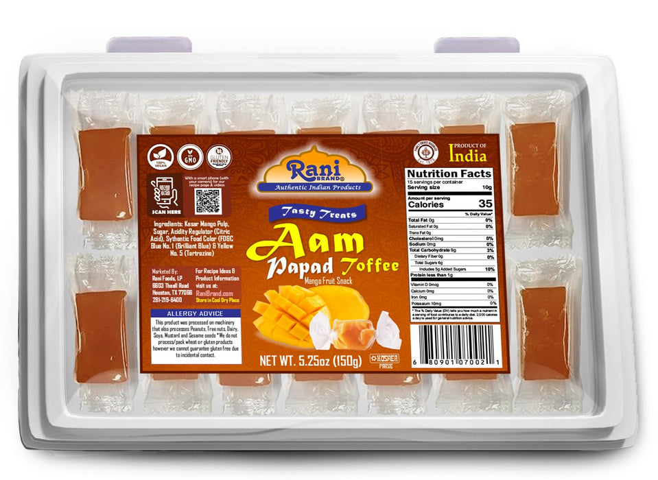 Rani Aam (Mango Fruit Snack) Toffee Candy Treat, 5.25oz (150g), Individually Wrapped in Candy Box ~ All Natural | Vegan | Gluten Friendly | Kosher | Indian Origin & Taste