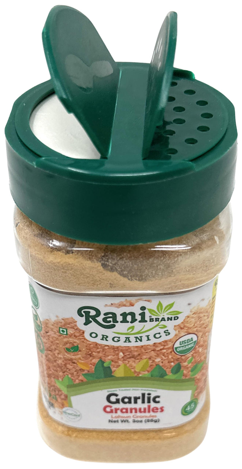 Rani Organic Granulated Garlic (Lahsun Granules) 3oz (85g) PET Jar ~ All Natural | Gluten Friendly | Vegan | NON-GMO | Kosher | No Salt or fillers | Product of USA | USDA Certified Organic