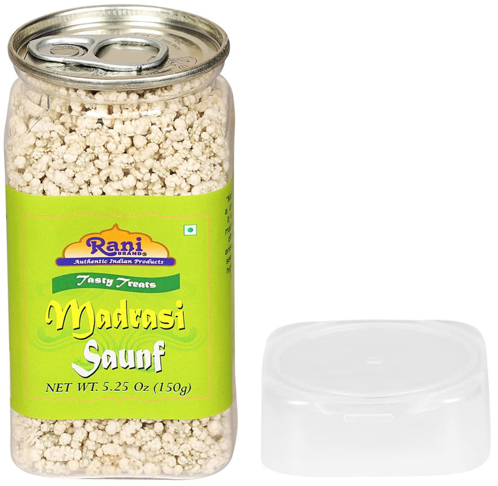 Rani Madrasi Saunf 5.25oz (150g) Vacuum Sealed, Easy Open Top, Resealable Container ~ Indian Tasty Treats | Vegan | Gluten Friendly | NON-GMO | Indian Origin