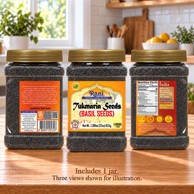 Rani Basil Seeds (Edible Tukmaria, Sabja) 22 oz Jar, 15 g Fiber per Serving