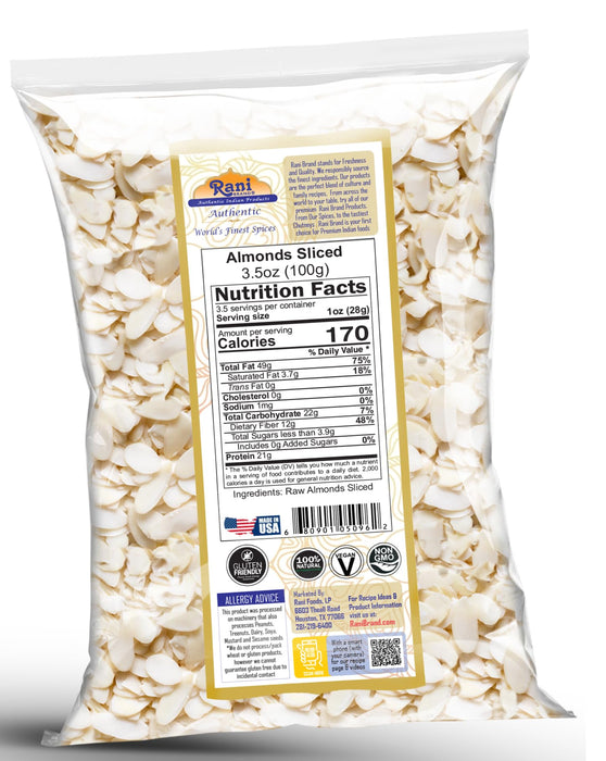 Rani Almonds, Raw Whole With Skin (uncooked, unsalted) 3.5oz (100g) ~ All Natural | Vegan | Gluten Friendly | Kosher | Fresh Product of USA ~ California Shelled Almonds