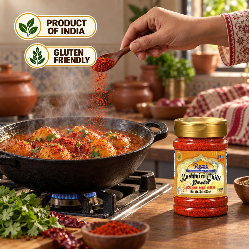 Rani Kashmiri Chili Powder (Deggi Mirch) 3 oz (85 g) Jar - Mild, Low Heat, Rich Red Color for Tandoori, Curry & Deviled Eggs | All Natural, Salt-Free, Vegan, Kosher