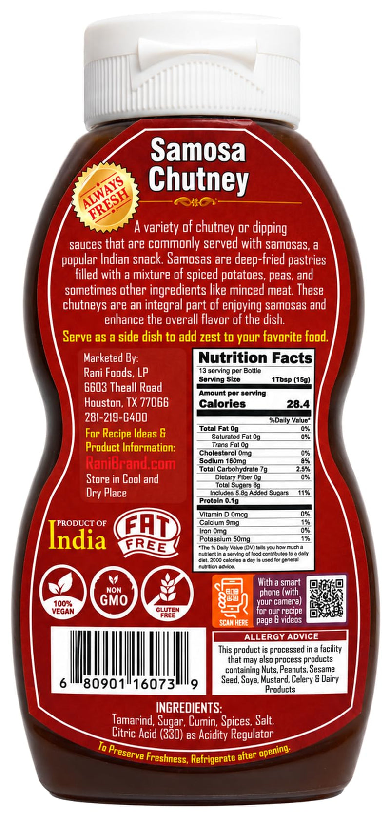 Rani Samosa Chutney (Sweet, Sour & Spicy Dipping Sauce) 7oz (200g) Glass Jar, Ready to eat, Vegan ~ Gluten Free | NON-GMO | Kosher | No Colors | Indian Origin