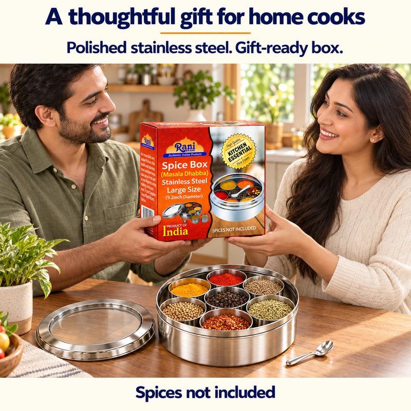 Rani Spice Box Stainless Steel Transparent Round Storage (9.2in x 3in) For Spices (Masala Dabba) 7 Compartments, with spoon ~ Packed in an attractive box, perfect for gifts!