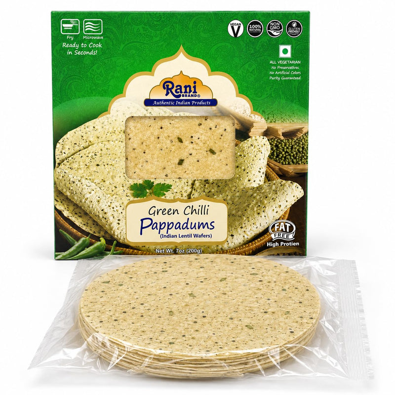 Rani Pappadums (Indian Lentil Wafer Snack) Green Chilli Papad 7oz (200g) Approximately 15pc, 7 inches, Pack of 2 ~ All Natural | Gluten Friendly | NON-GMO | Vegan | Indian Origin