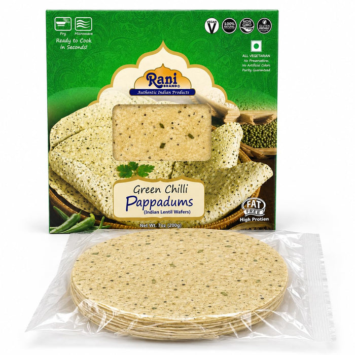 Rani Pappadums (Indian Lentil Wafer Snack) Green Chilli Papad 7oz (200g) Approximately 15pc, 7 inches, Pack of 12 ~ All Natural | Gluten Friendly | NON-GMO | Vegan | Indian Origin