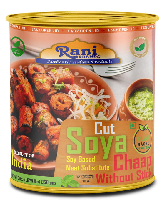 Rani Cut Soya Chaap Whitout Stick (Plant Based Protein) 30oz (1.875lbs) 850g Pack of 18 ~ Easy Open Lid | All Natural | Vegan | No Colors | NON-GMO | Kosher | Indian Origin | Soy Based Meat Substitute