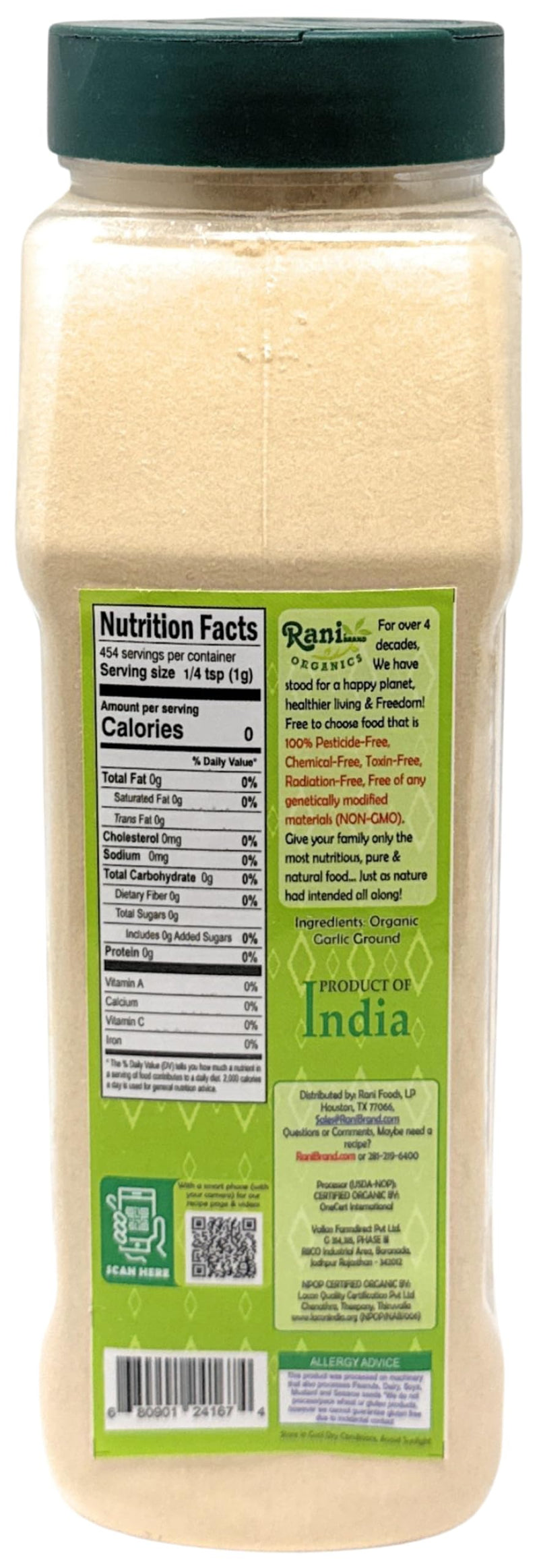 Rani Organic Ground Garlic (Lahsun Powder) 16oz (1lb) 454g PET Jar ~ All Natural | Gluten Friendly | Vegan | NON-GMO | Kosher | No Salt or fillers | Indian Origin | USDA Certified Organic