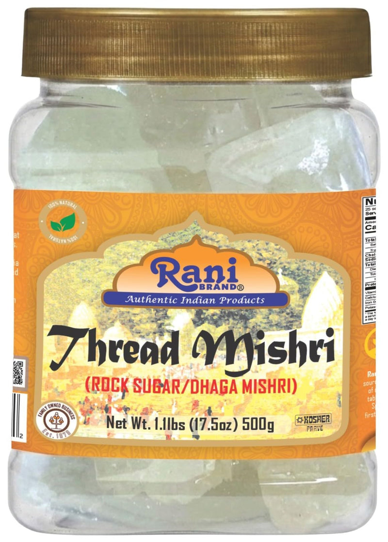 Rani Thread Misri (Rock Sugar / Dhaga Mishri) 17.5oz (1.1lbs) 500g PET Jar ~ All Natural | Gluten Friendly | No Colors | Vegan | Kosher | Indian Origin
