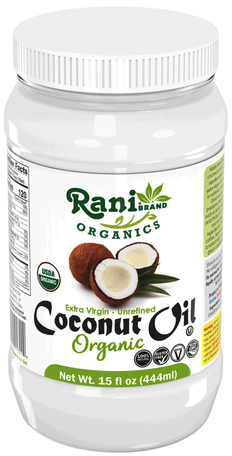 Rani Organic Extra Virgin Coconut Oil, Unrefined 15 fl oz (444ml) Cold Pressed, NON-GMO | Gluten Free | Kosher | Vegan | 100% Natural | Packed in USA | USDA Certified Organic