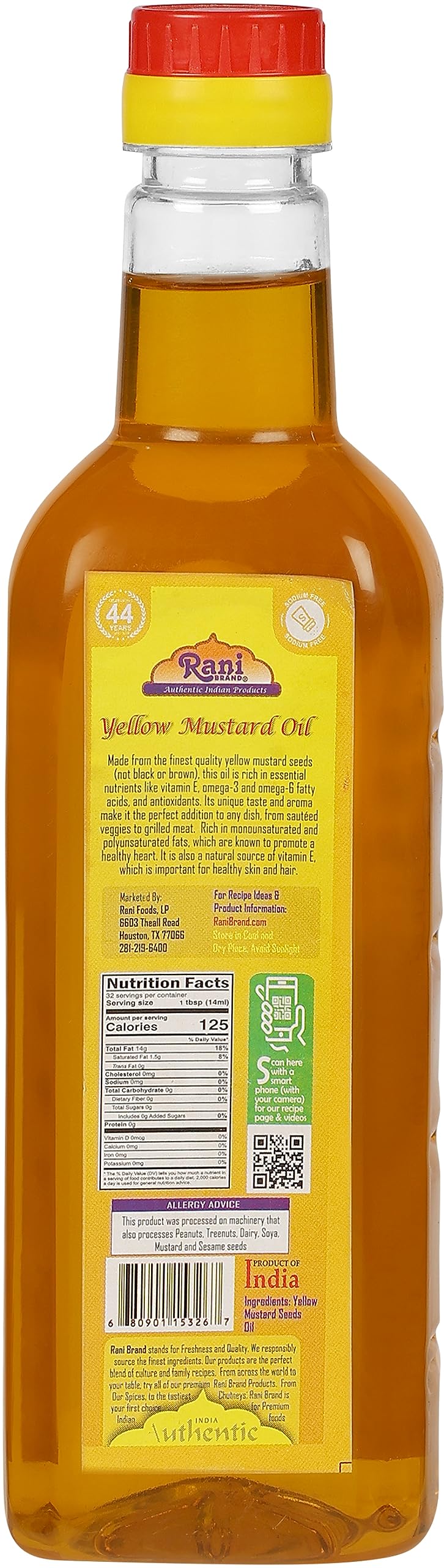Rani Yellow Mustard Oil (Kachi Ghani) 16.9 Ounce (500ml) NON-GMO | Gluten Free | Kosher | Vegan | 100% Natural