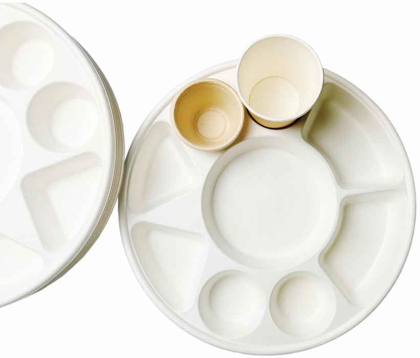 Rani Round Biodegradable Divided Plates, Pack of 100, 9 Compartments ~ Disposable & Eco-Friendly | 12.44" Diameter, 1.38" Thickness | Heavy-Duty and Sturdy Disposable Bagasse Plates | Premium Quality
