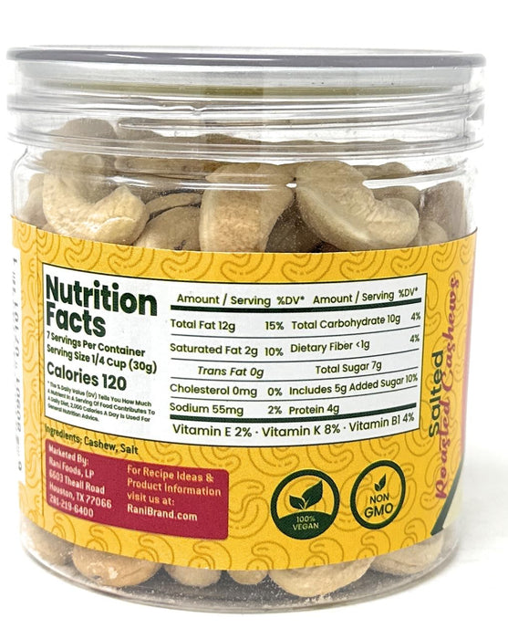 Rani Salted Roasted Cashews 7oz (200g) PET Jar, Pack of 6, Non-Fried, Oil Free ~ All Natural | Vegan | Gluten Friendly | NON-GMO | Kosher | Air Roasted, Crunchy & Flavorful