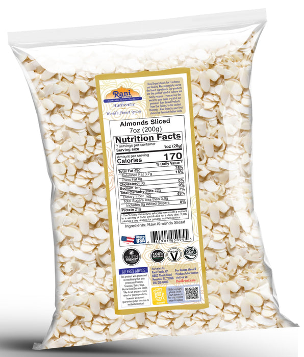 Rani Almonds, Raw Whole With Skin (uncooked, unsalted) 7oz (200g) ~ All Natural | Vegan | Gluten Friendly | Kosher | Fresh Product of USA ~ California Shelled Almonds