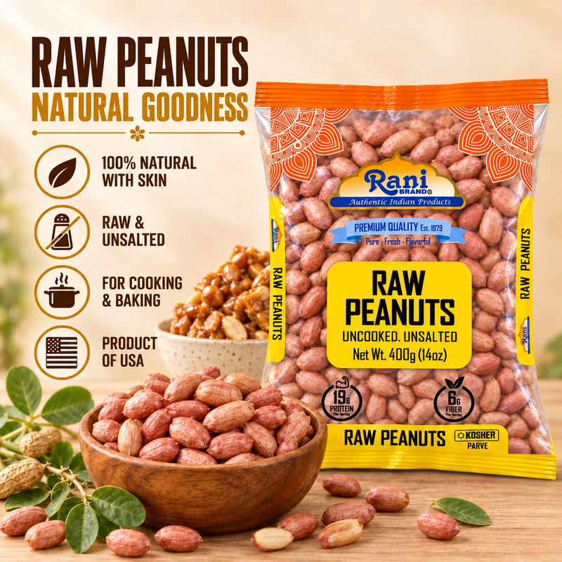 Rani Peanuts, Raw Whole With Skin (uncooked, unsalted) 14oz (400g) ~ All Natural | Vegan | Gluten Friendly | Kosher | Fresh Product of USA ~ Spanish Grade Groundnut / Red-skin