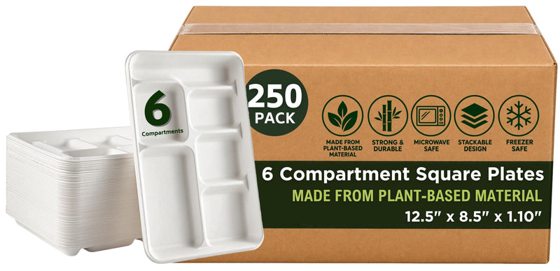 Rani 6 Compartment Square Biodegradable Divided Plates, Pack of 250 ~ Party, Thali, Buffet | Disposable & Eco-Friendly | Heavy-Duty Sturdy Paper Bagasse | Premium Quality | 12.5" x 8.5" x 1.10"