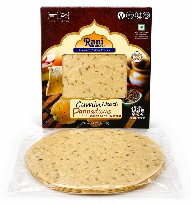 Rani Pappadums (Indian Lentil Wafer Snack) Jeera (Cumin) Papad 7oz (200g) Approximately 15pc, 7 inches, Pack of 2 ~ All Natural | Gluten Friendly