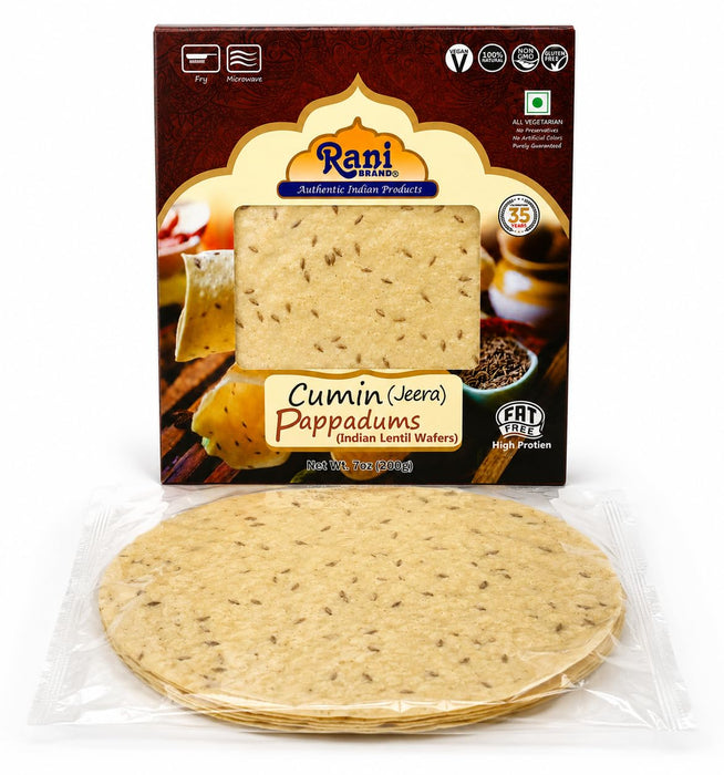 Rani Pappadums (Indian Lentil Wafer Snack) Jeera (Cumin) Papad 7oz (200g) Approximately 15pc, 7 inches, Pack of 2 ~ All Natural | Gluten Friendly