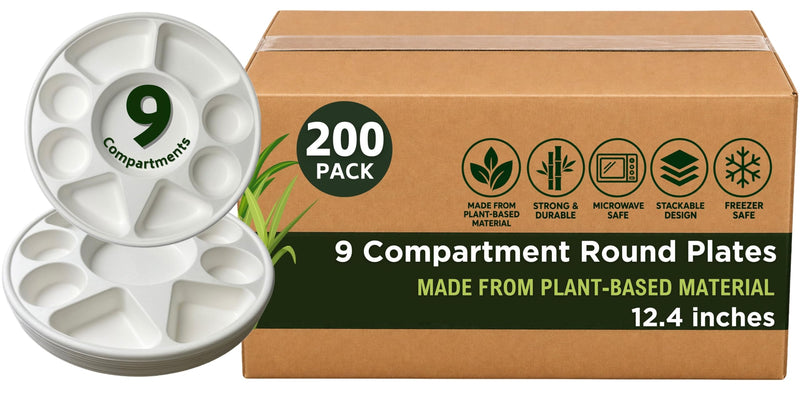 Rani Round Biodegradable Divided Plates, Pack of 200, 9 Compartments ~ Disposable & Eco-Friendly | 12.44" Diameter, 1.38" Thickness | Heavy-Duty and Sturdy Disposable Bagasse Plates | Premium Quality