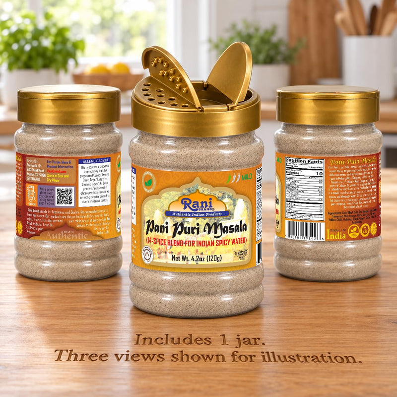 Rani Pani Puri Masala (14-Spice Blend for Indian Spicy Water) 4.2oz (120g) PET Jar ~ All Natural | Vegan | No Colors | Gluten Friendly | NON-GMO | Kosher | Indian Origin, gol gappa