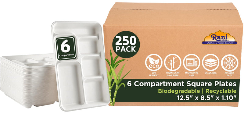 Rani 6 Compartment Square Biodegradable Divided Plates, Pack of 250 ~ Party, Thali, Buffet | Disposable & Eco-Friendly | Heavy-Duty Sturdy Paper Bagasse | Premium Quality | 12.5" x 8.5" x 1.10"