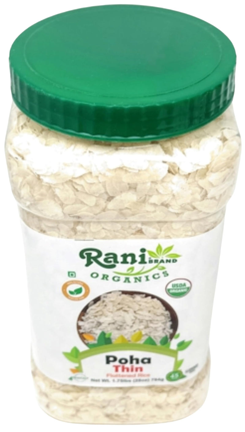 Rani Organic Poha (Powa) Thin Cut (Flattened Rice) 28oz (1.75lbs) 800g PET Jar ~ All Natural, Salt-Free | Vegan | Kosher | No Colors | Gluten Friendly | Indian Origin | USDA Certified Organic