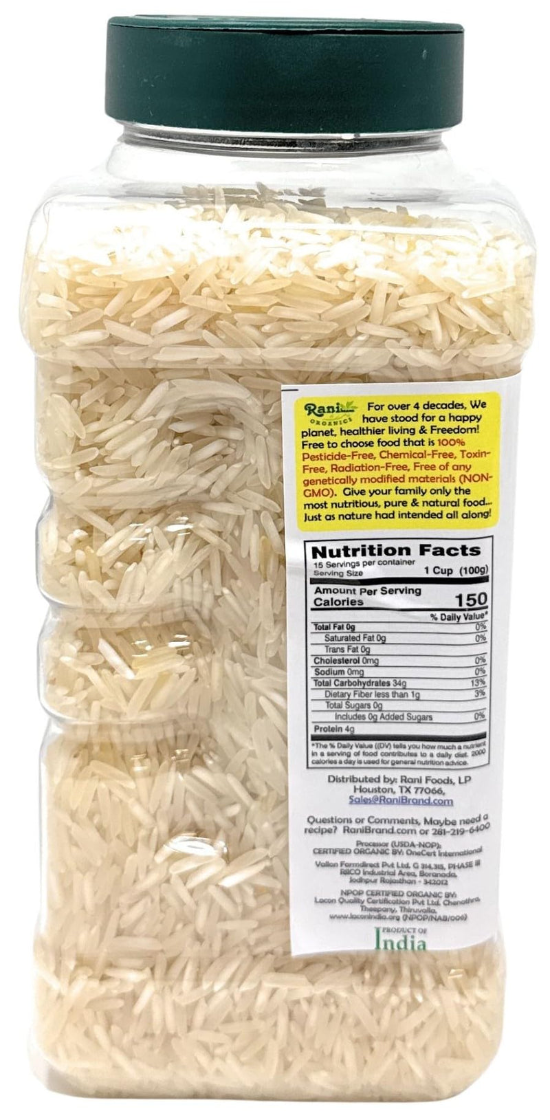 Rani Organic Platinum White Basmati Rice Extra Long Aged 28oz (1.75lbs) 800g PET Jar ~ All Natural | Gluten Friendly | Vegan | Indian Origin | Kosher | Export Quality | USDA Certified Organic