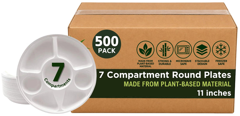 Rani 7 Compartment Round Biodegradable Divided Plates, Pack of 500 ~ Party, Thali, Buffet | Disposable & Eco-Friendly | Heavy-Duty Sturdy Paper Bagasse | Premium Quality | 11" Diameter, 1.38" Height