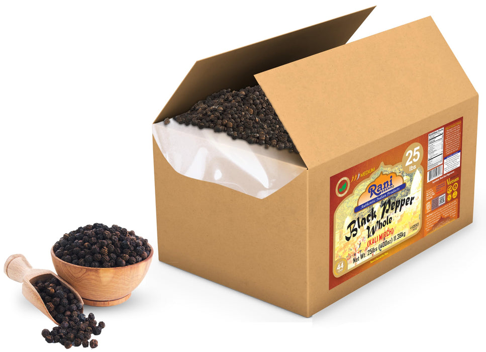 Rani Black Pepper Whole (Peppercorns), Premium MG-1 Grade 400oz (25lbs) 11.36kg Bulk Box ~ All Natural | Gluten Friendly | Non-GMO | Kosher | Perfect Size for Grinders!