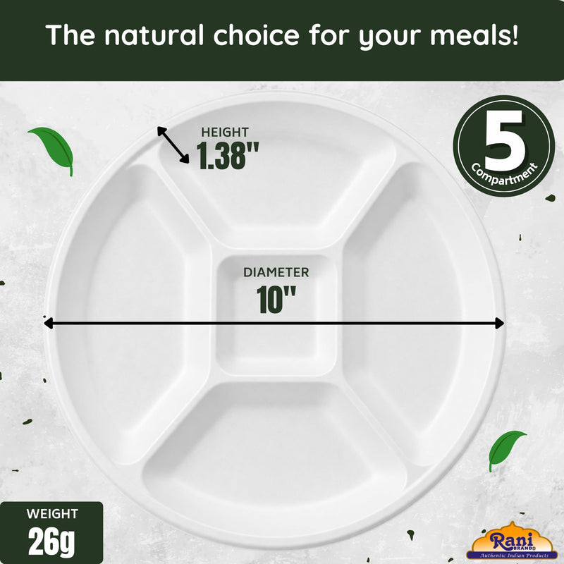Rani 5 Compartment Round Biodegradable Divided Plates, Pack of 1000 ~ Party, Thali, Buffet | Disposable & Eco-Friendly | Heavy-Duty Sturdy Paper Bagasse | Premium Quality | 10" Diameter, 1.38" Height