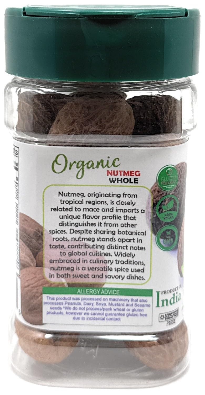 Rani Organic Nutmeg (Jaiphul) Whole Spice, 17-19 Pieces, 3oz (85g) PET Jar ~ All Natural | Vegan | Gluten Friendly | NON-GMO | Kosher | Indian Origin | USDA Certified Organic