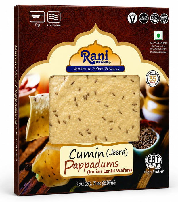 Rani Pappadums (Indian Lentil Wafer Snack) Jeera (Cumin) Papad 7oz (200g) Approximately 15pc, 7 inches, Pack of 2 ~ All Natural | Gluten Friendly