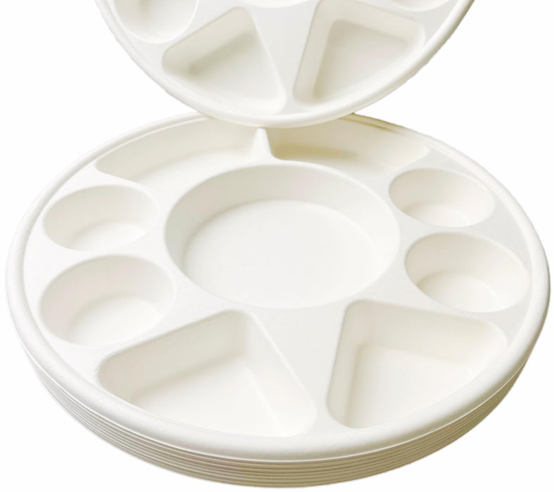 Rani Round Biodegradable Divided Plates, Pack of 25, 9 Compartments ~ Disposable & Eco-Friendly | 12.44" Diameter, 1.38" Thickness | Heavy-Duty and Sturdy Disposable Bagasse Plates | Premium Quality