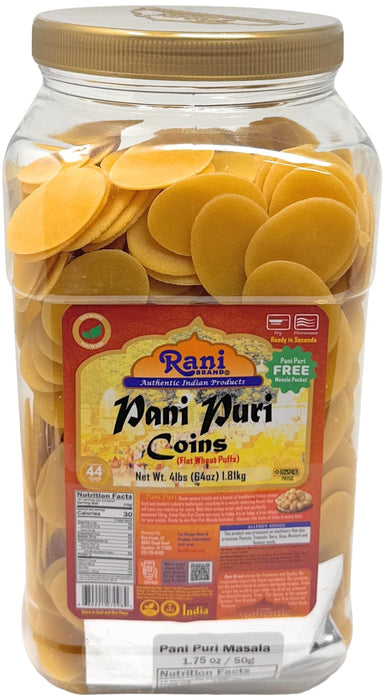 Rani Pani Puri Coins (Uncooked, Microwaveable Wheat Semolina Coins) 64oz (4lbs) w/Pani Puri Masala (14-Spice Blend for Indian Spicy Water) 1.75oz (50g) ~ All Natural | Vegan | NON-GMO | Kosher