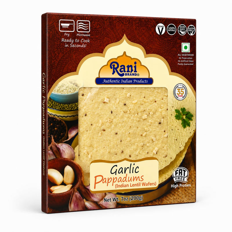 Rani Pappadums (Indian Lentil Wafer Snack) Garlic Papad 7oz (200g) Approximately 15pc, 7 inches ~ All Natural | Gluten Friendly | NON-GMO | Vegan | Indian Origin