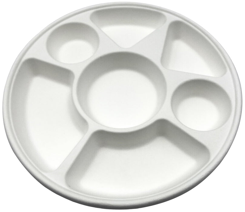 Rani 7 Compartment Round Biodegradable Divided Plates, Pack of 500 ~ Party, Thali, Buffet | Disposable & Eco-Friendly | Heavy-Duty Sturdy Paper Bagasse | Premium Quality | 11" Diameter, 1.38" Height