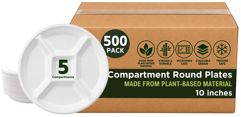Rani 5 Compartment Round Biodegradable Divided Plates, Pack of 500 ~ Party, Thali, Buffet | Disposable & Eco-Friendly | Heavy-Duty Sturdy Paper Bagasse | Premium Quality | 10" Diameter, 1.38" Height
