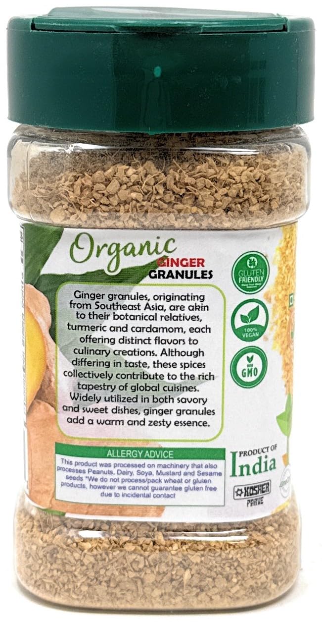 Rani Organic Granulated Ginger (Adarak Granules) 3oz (85g) PET Jar ~ All Natural | Gluten Friendly | Vegan | NON-GMO | Kosher | No Salt or fillers | Indian Origin | USDA Certified Organic