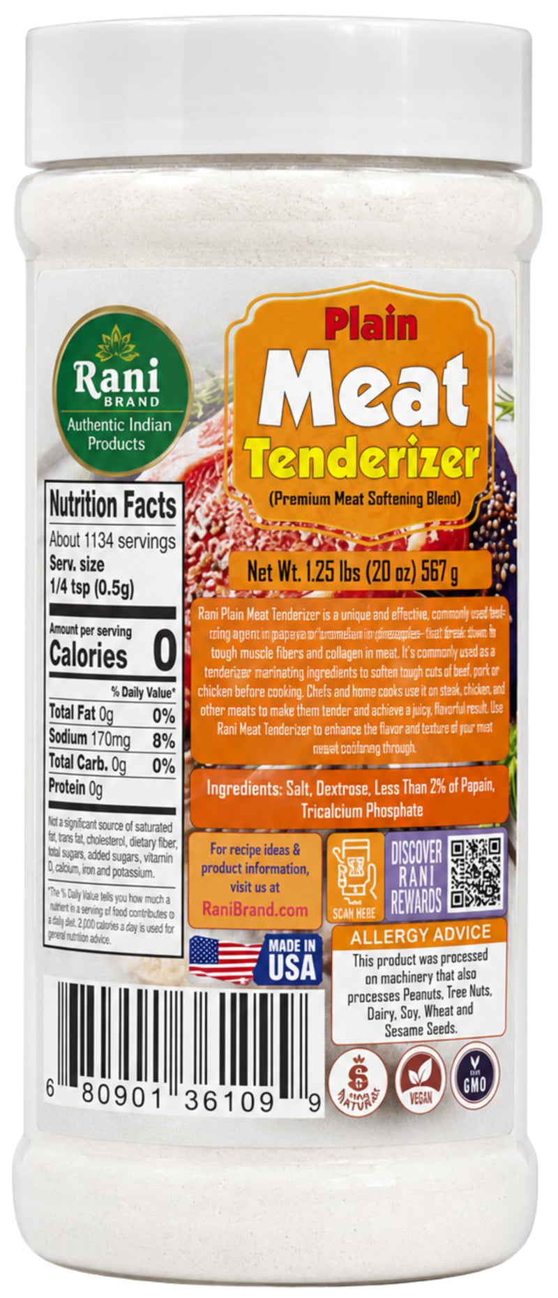 Rani Plain Meat Tenderizer (Premium Meat Softening Blend) 1.25lbs (20oz) 567g PET Jar ~ Gluten Free | NON-GMO | Kosher | Vegan | Product of USA