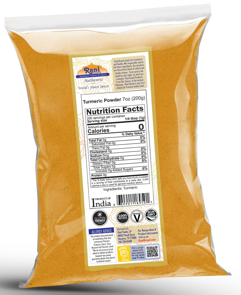 Rani Turmeric (Haldi) Root Powder Spice, (High Curcumin Content) 7oz (200g) ~ All Natural | 100% Pure, Salt Free | Vegan | Gluten Friendly | NON-GMO | Kosher
