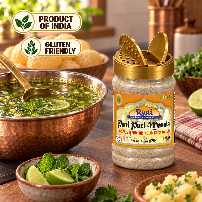 Rani Pani Puri Masala (14-Spice Blend for Indian Spicy Water) 4.2oz (120g) PET Jar ~ All Natural | Vegan | No Colors | Gluten Friendly | NON-GMO | Kosher | Indian Origin, gol gappa