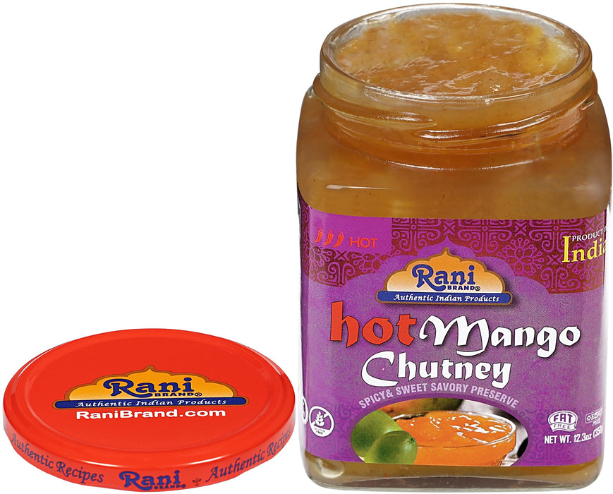 Rani Hot Mango Chutney (Spicy Indian Preserve) 12.5oz (350g) Glass Jar, Ready to eat, Vegan, Pack of 5+1 FREE ~ Gluten Free, All Natural, NON-GMO | Kosher