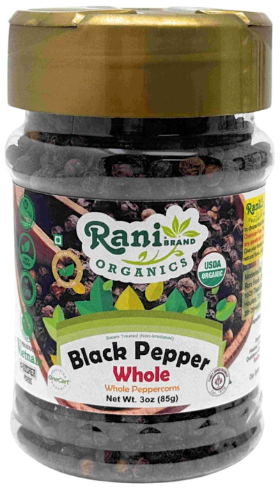 Rani Organic Black Pepper Whole (Peppercorns), Premium MG-1 Grade 3oz (85g) PET Jar ~ All Natural | Gluten Friendly | Non-GMO | USDA Certified Organic | Kosher | Product of Vietnam