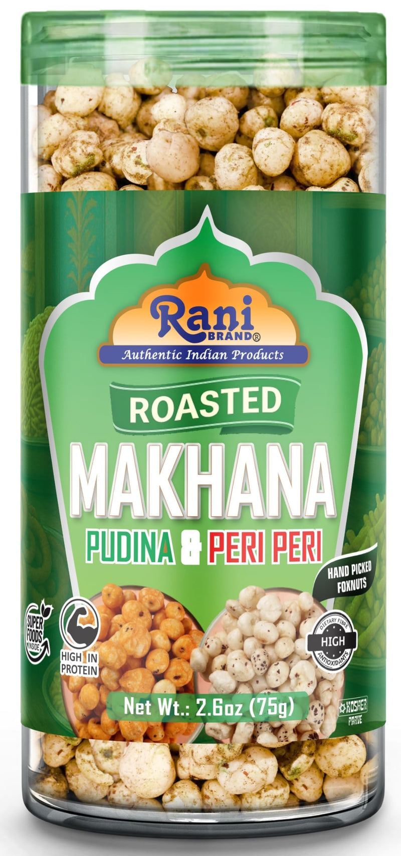 Roasted Makhana 4 in 1 Combo Set, Salt & Pepper, Peri Peri, Tandoori, (2in1) Pudina & Peri-Peri - 2.6oz (75g) Pack of 4 - Rani Brand Authentic Indian Products