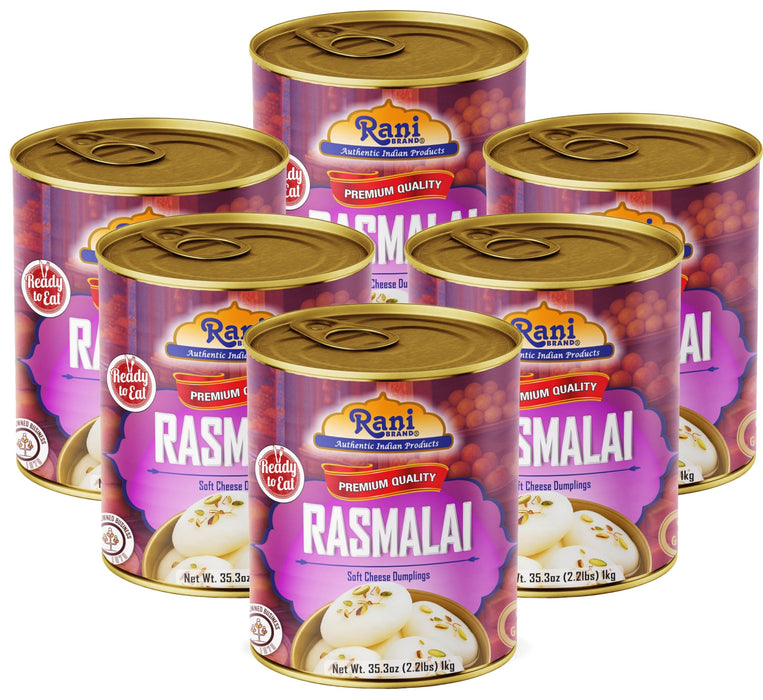 Rani Rasmalai (Soft Cheese Dumplings) 35.3oz (2.2lbs) 1kg, Pack of 6, Approximately 14 pieces, Easy Open Lid ~ Ready to eat | Gluten Friendly | Vegan | Non-GMO | Kosher | Indian Origin
