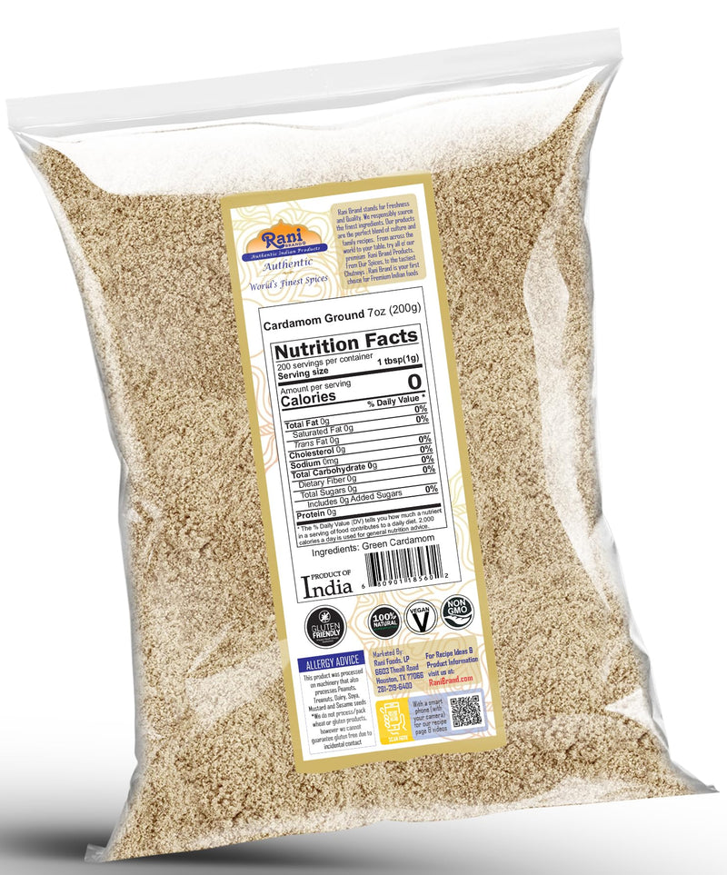 Rani Cardamom (Elachi) Ground, Powder Indian Spice 7oz (200g) ~ All Natural | No Color added | Gluten Friendly | Vegan | NON-GMO | Kosher | No Salt or fillers
