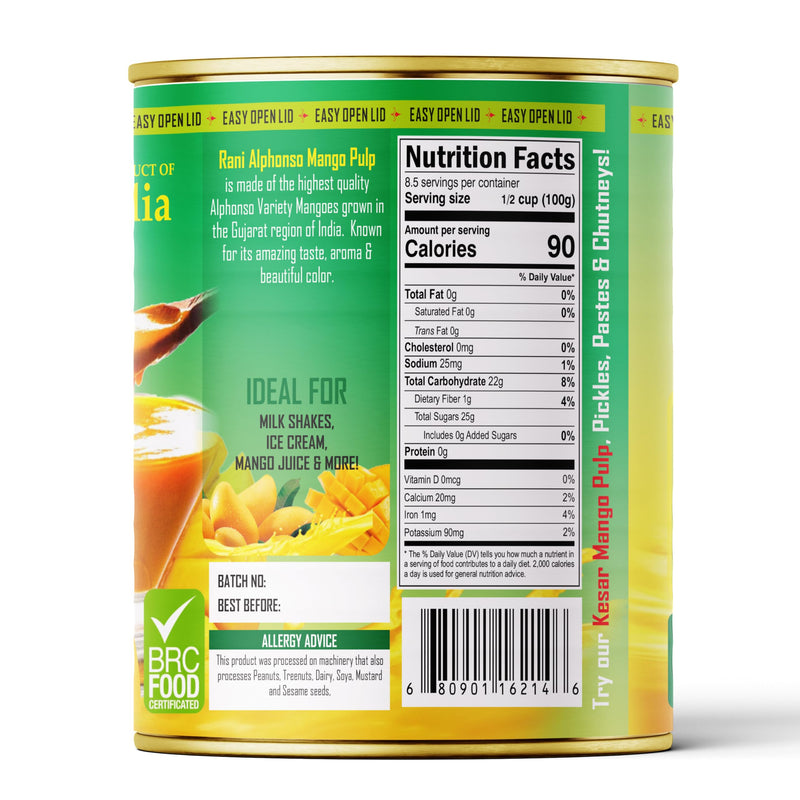 Rani Mango Pulp Puree (Makes Mango Lassi Shakes) Alphonso Unsweetened 30oz (1.875lbs) 850g Pack of 6 ~ Kosher | All Natural | NON-GMO | Vegan | No colors | Gluten Friendly | Indian Origin