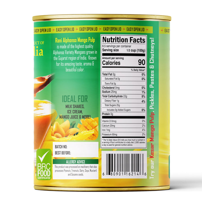 Rani Mango Pulp Puree (Makes Mango Lassi Shakes) Alphonso Unsweetened 30oz (1.875lbs) 850g Pack of 6 ~ Kosher | All Natural | NON-GMO | Vegan | No colors | Gluten Friendly | Indian Origin