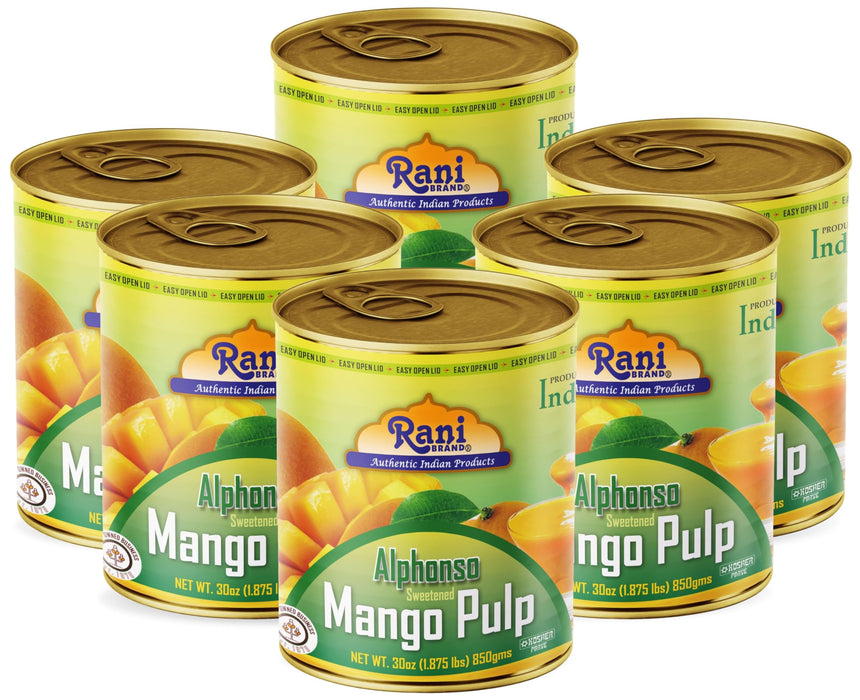 Rani Mango Pulp Puree (Makes Mango Lassi Shakes) Alphonso Sweetened 30oz (1.875lbs) 850g Pack of 6 ~ Kosher | All Natural | NON-GMO | Vegan | No colors | Gluten Friendly | Indian Origin