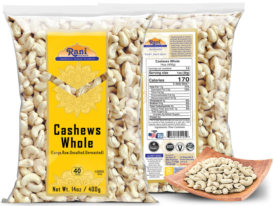 Rani Raw Cashews Whole (uncooked, unsalted) 14oz (400g) ~ All Natural, No Preservatives | Vegan | NON-GMO | Kosher | Gluten Friendly